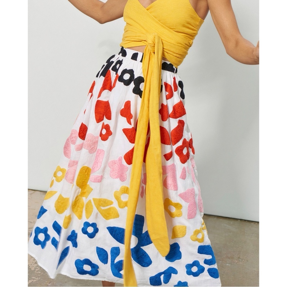 Mara Hoffman Midi Floral Embroidered Linen Cecilia Skirt